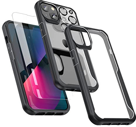 ORETECH Funda Transparente para iPhone 13 6.1, con [2x Vidrio Cristal Templado y 1x Cámara Protector de Pantalla] Antichoque Bumper Hard PC Carcasa Anti-Arañazos Airbag Caso -Negro