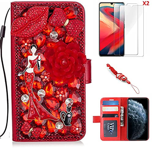 HFICY Schutzhülle für iPhone 12 / iPhone 12 Pro mit 2 Displayschutzfolien aus Glas für Damen, glitzernde Diamanten, Leder, Filo-Schutzhülle und Umhängeband, Rot