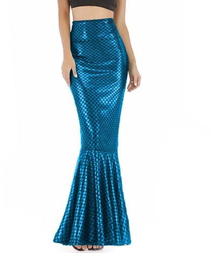 Jdlsppl Costume queue de sirène pour femme adulte – Costume d'écailles de poisson taille haute métallique ajustée – Jupe longue de fête, bleu, taille S