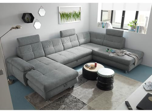 Wohnlandschaft mit Schlaffunktion und frei steckbaren Kopfstützen in Webstoff grau modern | Sofa in U-Form mit Bettkasten Links