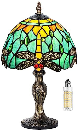 MIAOKE Table Lamp Stained Glass Crystal Bead Style Table Light, Handmade Desk Bedside Table Night Lamp, Antique Art Craft Gifts Lover Kid Living Room Bedroom Study Bookcase Desk Ligh(Water Dragonfly)
