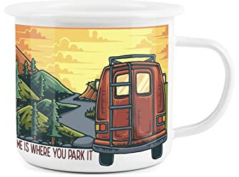 Enamel Camping Coffee Mug - 'Home is Where You Park It' Campervan Caravan - Durable Hot Drinks Outdoor Cup for Travel Picnics Home Festivals Hiking Fishing