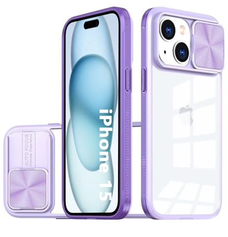 LIUKM Coque Compatible avec iPhone 15, Cache Camera Protection, Étui avec Cache Caméra Coulissante, composé d'un Dos en PC et d'un Cadre en TPU - Violet