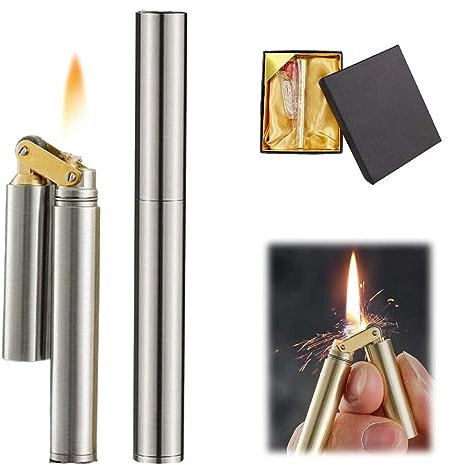 Kerosin-Kupfer-Feuerzeug,Kerosene Copper Lighter, Vintage Trench Lighter, Windproof Brass Lighter,Wheel Kerosene Lighter with Gift Box, Unique Gifts for Men Dad Husband (Silvery)