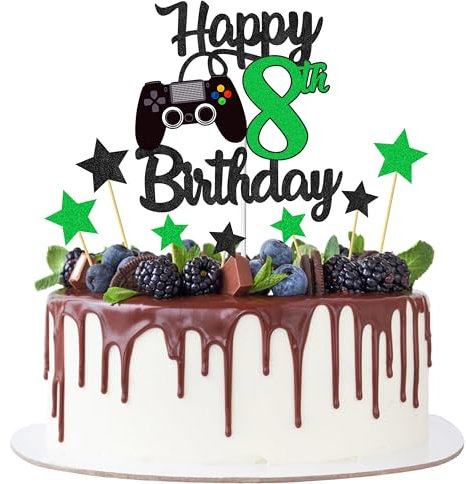 Joyeah Happy 8th Birthday Cake Topper Glitter Video Game Cake Pick Game On Cheers to 8 Years Cake Decoration for Game Theme Happy 8th Birthday Party Supplies Green