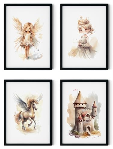 MJ-Graphics - Poster Set Feen-Welt für Kinderzimmer & Spielzimmer 4 Wandbilder Din A4 extra dickes Posterpapier Mädchen Wanddeko ohne Bilderrahmen