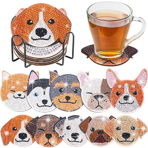 F4B 10 Pièces Dessous de Verre Chien Diamond Painting | Strass Ronds | Sous-Main | Enfants | Paquet Adultes et Enfants