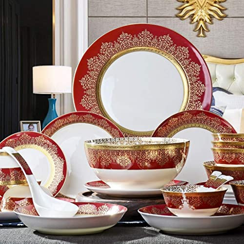 De vajilla de cerámica con 38 piezas, cuenco/cuchara | Vajilla de porcelana de hueso, sistema de combinación de porcelana de patrón a juego en oro rojo