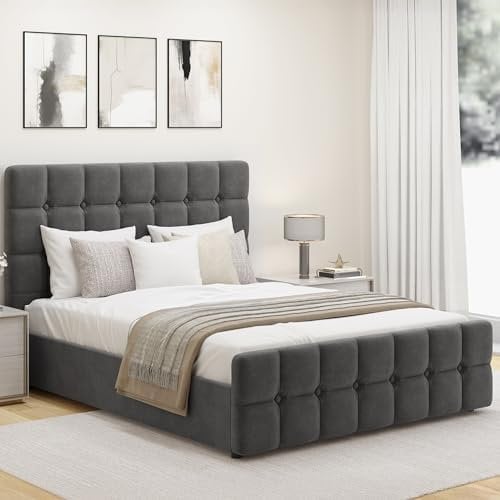 Blisswood Upholstered Ottoman Bed, 4ft6 Double Bed Frame UKFR Velvet Dark Grey Ottoman Storage Bed With Gas Lift End Opening Wooden Slats With Storage Bed (4ft6 Double, No Mattress)