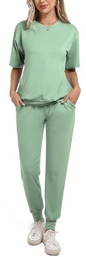 Totatuit Cotton Tracksuit Womens Set 2 Piece Lounge Wear Outfit Ladies Summer Co ord Set Short Sleeve, Long Sleeve Top and Drawstring Trousers XXL Fruit Green