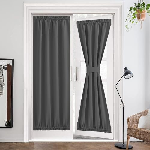 ZHhan French Door Curtains Privacy Blackout French Door Rod Pocket Drapes for Glass Door Home Office,Sidelight Curtain Tie up Shade,Easy Installed 66x203cm,Dark Grey,1 Panel
