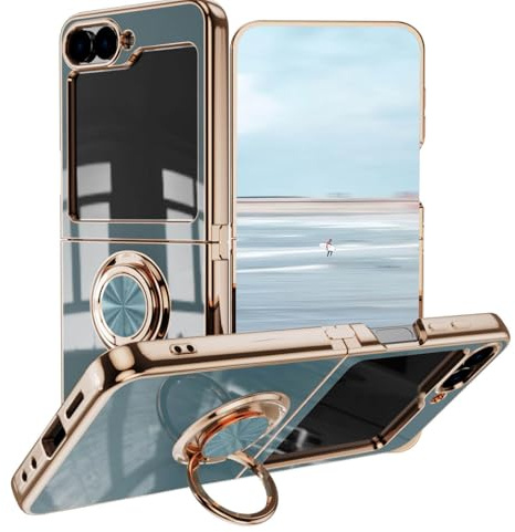 BORYA Ultra Dünn Hülle für Samsung Galaxy Z Flip5 (Flip 5) 5G, Stoßfest Handyhülle, TPU Bumper Weiches Silikon Schutzhülle mit Galvanisieren Goldkante 360°Ring Ständer, Grau