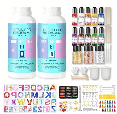 Resin Pro ® Resina Epoxi Transparente 1:1 Kit completo 500 gr resina + 150 accesorios útiles, para Fabricación de Joyas, Creaciones Artísticas, Fácil de Usar, Resina apta para Principiantes