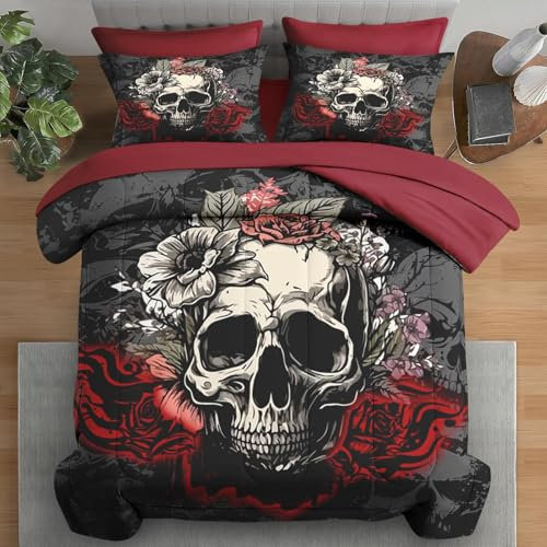 Pamnest Bettwäsche-Set für King-Size-Betten, 7-teilig, Rosen-Design, Vintage-Bettwäsche-Set für Erwachsene, Rock-Roll, Knochen-Death-Bettwäsche-Sets mit Spannbetttuch, 2 Kissenbezügen und 2