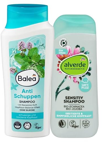 Balea Shampoo ANTI SCHUPPEN für schuppige & trockene Kopfhaut mit Nanaminz-Duft (300 ml) + alverde NATURKOSMETIK Shampoo SENSITIV mit Bio-Echinacea, Bio-Jojoba für irritierte Kopfhaut (200 ml), 500 ml
