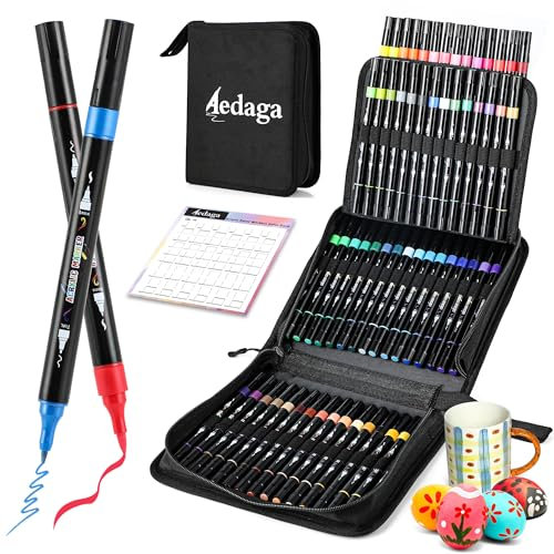 60 Colours Acrylic Paint Markers, Dual Tip Acrylic Paint Pens with Brush Tip and Fine Tip for for Adults, Kids, Eggs, Wood, Rock, Canvas, Plastic, Stone, Glass, Ceramic