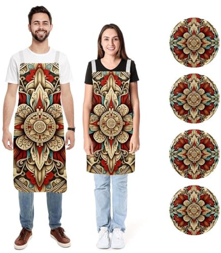 Paquete de 2 delantales de cocina vintage de filigrana nativa americana, delantal de chef suave ajustable con 2 bolsillos grandes para hombres y mujeres, Filigrana vintage nativa americana,