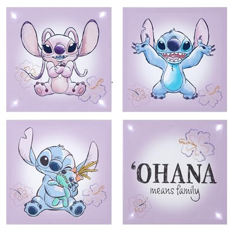 Idea Nuova Disney Stitch 4 Pack Canvas LED Wall Art Set,Childrens Wall Hanging Décor,Each Piece 11x11