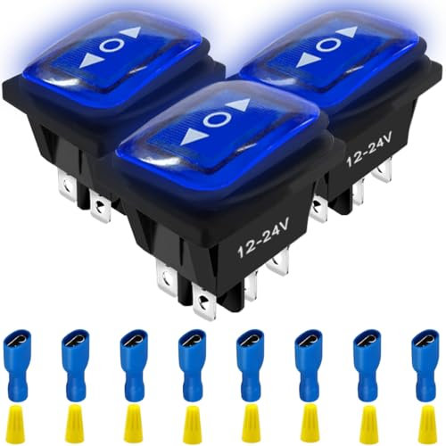 MKBKLLJY 3-teiliger Momentan-Polaritätsumkehrschalter wasserdicht DC 20A 12V Wippschalter doppelte Rückstellung 6-polig (AN)-Aus-(AN) KCD4 Blaue LED-Leuchte beleuchtet 8-teiliges Anschlusskabel Kappe