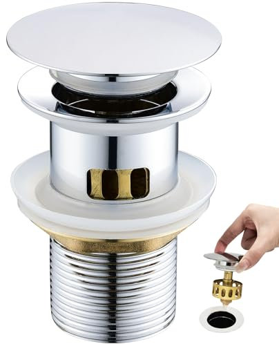 kelleria Desagüe tapon Lavabo Click clack para Lavabo, Válvula Pop up Desplegable con Rebosadero, 1/4 Válvula de desagüe con Tapa de latón para Lavabo, desagüe con Goma Engrosada, Cromado