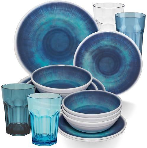 Melamin Geschirr Set Jesolo Blau für 4 Personen - 16 Teile - mit farblich passenden Trinkgläsern 400ml aus Acryl - Campinggeschirr Geschirrset Tafelgeschirr Camping modernes Melamingeschirr bunt
