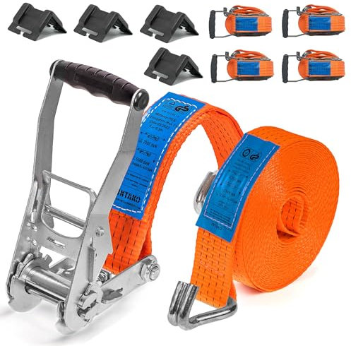 INTAKO Cinghie a Cricchetto 4 m x 5000 kg x 50 mm - Set di 4 cinghie di tensione e 4 angolari di protezione - Fascia con cricchetto professionale da 5 ton per camion