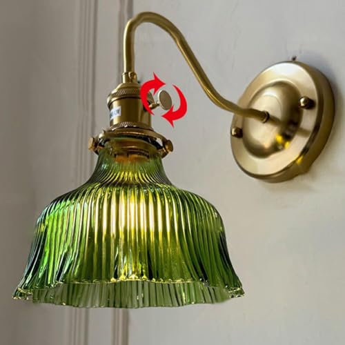 LOGT Grüne Glas Wandleuchte mit Schalter E27 Vintage Wandlampe Messing Kristall Nachttischlampe Retro Industriell Wandbeleuchtung Florentiner Blumen Schirm Wandstrahler für Wohnzimmer Schlafzimmer