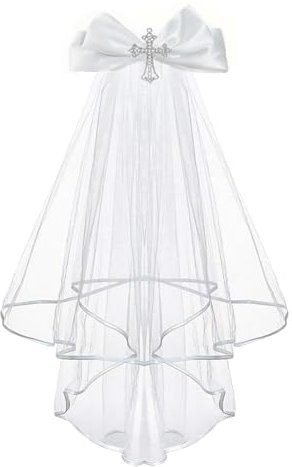 Merroyal Girls First Communion Veil with Rhinestone Cross, White Satin Bow, Two-Tier Design