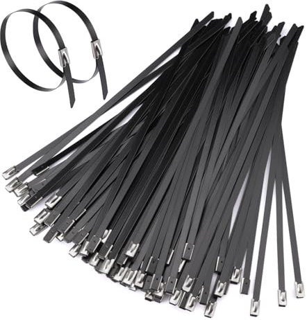 50 Pezzi Fascette Acciaio Inox Autobloccanti, Fascettes Cerniera Inox, Nere Fascette in Acciaio Inossidabile, Fascette con Chiusura Rivestite, per Recinzioni, Fasci di Cavi, Tende Da Sole
