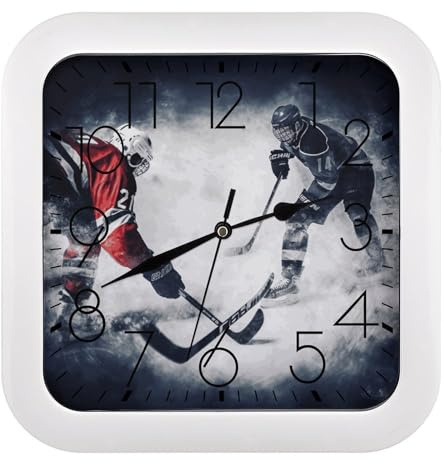 GHBNK Personalisierte Eishockey-Kunst-Wanduhr, leise, nicht tickende Uhr, 26,7 cm, klein, klassisch, quadratisch, dekorative Digitaluhren für Küche, Wohnzimmer, Büro, Schlafzimmer, Badezimmer