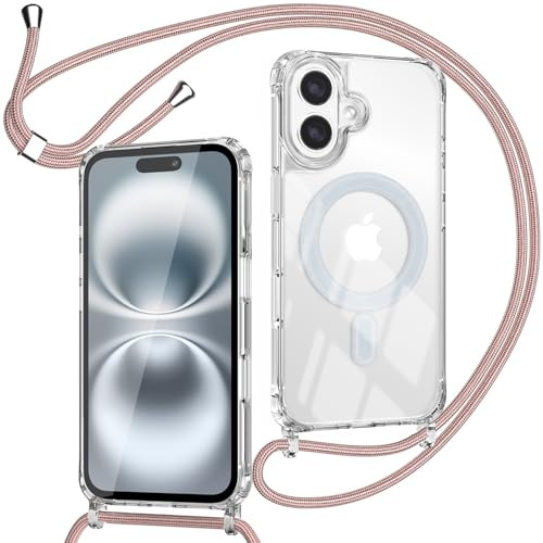 ZYIMOU für iPhone 16 Hülle mit Band Kompatibel mit MagSafe, Transparent Magnetische Handyhülle mit Kordel zum Umhängen Handyband Stossfest Schutzhülle,Kette Rosé Gold