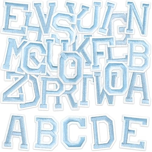 ELNX 52 Pcs Iron on Letters for Clothes | Alphabet A to Z Iron on Letters | Iron on Patches for Clothing Jackets Shirts Hats Bags Jeans DIY (Haze Blue)