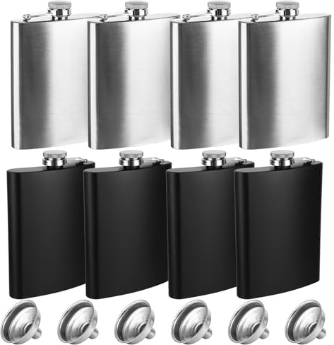 APACALI 8 Pack 8oz Hip Flask with Funnel, Stainless Steel Portable Pocket Hip Flask, Leakproof Hip Flasks for Men Women Hiking Party and Outdoor Activities, Matte Black and Silver