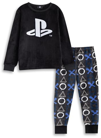 PlayStation Boys Black Logo Long Sleeve Long Leg Pyjama Set | Cosy Fleece Sleepwear | Kids Nightwear for Bedtime & Sleepovers | Gaming Theme Lounge Suit Merch