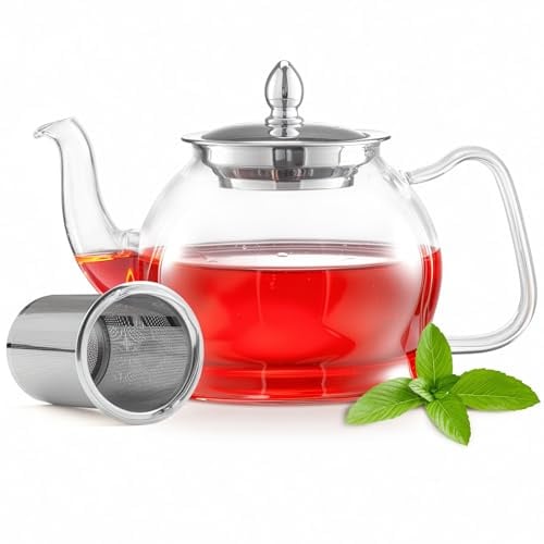 Brew To A Tea Removable Infuser Tea Pot Handmade, Clear Glass Tea Pot with Infuser 850ml/28.74oz,Heat-Resistant Borosilicate Glass Teapot with Strainer