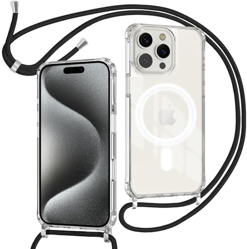 ZYIMOU Coque pour iPhone 15 Pro avec Cordon Compatible avec MagSafe, Housse Magnétique Transparente Étui avec Collier Réglable Résistant Silicone Case, Chaîne Noir