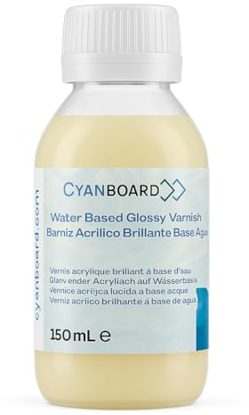 Cyanboard, Barníz Acrílico Brillante Base Agua (150 mL), transparente, interior - exterior, múltiples superficies. Brillo y protección sobre pinturas, madera, cerámica, manualidades.