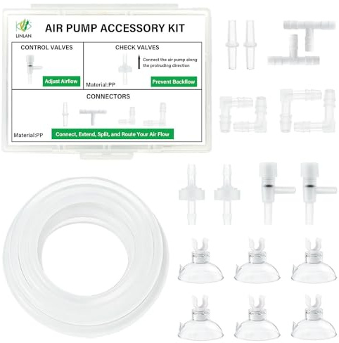 LINLAN 3m 4/6 mm Silikon Luftschlauch, mit Aufbewahrungsbox, Aquarium Luftpumpe Zubehör Set, 2 Rückschlagventile, 2 Regelventile, 8 Verbinder, 6 Saugnäpfe, für Aquarien