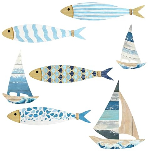 Yanxing 7 Stück Maritime Deko, Fisch Deko, Schiff Deko, Badezimmer Deko, Fisch, Segelboot, Holz, Hängende Dekoration, Geeignet Für Schlafzimmer, Badezimmer, Wohnzimmer, Ozeanthema (Blau Und Weiß)
