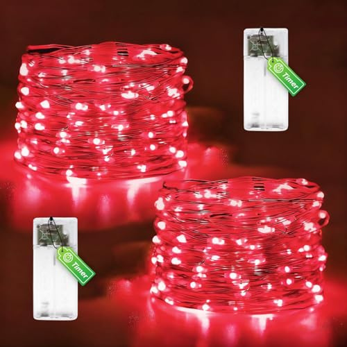 Molicar 2 Stück Lichterkette Innen Batterie Timer Rot, 5m LED Draht Lichterkette Batteriebetrieben für Weihnachten, Party, Dekoration