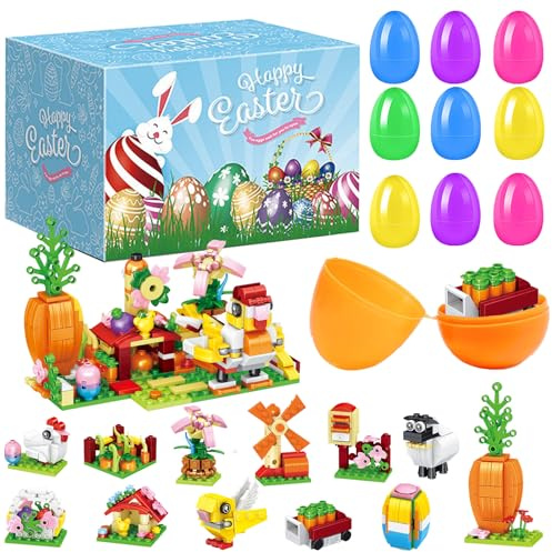 WENAUANG 12-in-1 Mini-Bausets Oster Spielzeug, 12 Stück Ostern Geschenke, Verziertes Osterei, Hase Garten Modell, Oster-Geschenk zum Basteln für oder als Deko