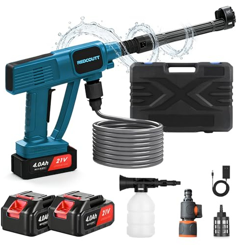 Akku Hochdruckreiniger, 21V Hochdruckreiniger Pistole, Ausgestattet mit 4000mah Akkus, 6-In-1 MultifunktionsdüSe, 5 Meter Schlauch, Hochdruckreiniger Akku zum Auto Und Gartenwaschen (Blau)
