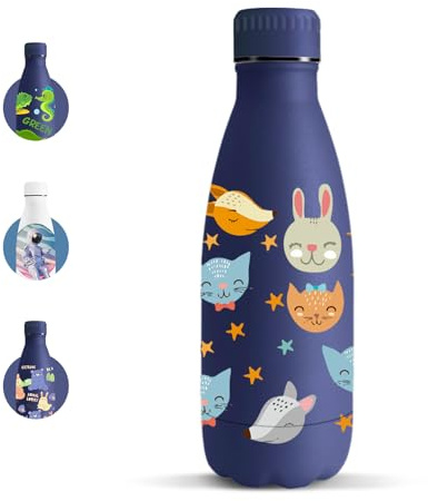 Motswedi Borraccia Termica, 350 ml Senza BPA, Borraccia, 18/8 Acciaio Inossidabile, Bottiglia Bambini, Isolamento Sottovuoto a Doppia Parete, Bottiglia Termica per Scuola, Viaggi - Blu Scuro Volpe