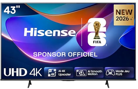 Hisense 43A6S - TV 2026 4K UHD 43 (108 cm), Smart TV HomeOS U9.5, Dolby Vision, Game Mode Plus, Compact et Performant, Noir | Grimpeur IA 4K, Smooth Motion IA, Mode Jeu Plus, Dolby Vision, Contrôle vocal