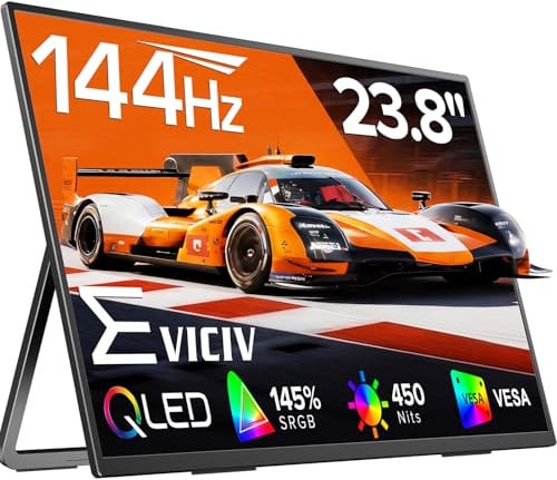 EVICIV 24 144Hz QLED Monitor Portatile 145% sRGB 2000:1 450 Nits 1080P | Full HD con HDMI e USB-C per laptop/Console di Gioco/Smartphone/mini PC, Secondo Schermo Esterno per Gaming e Lavoro