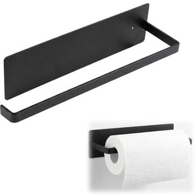 Portarotolo Cucina senza Foratura, Supporto Carta Autoadesivo Nero in Acciaio al Carbonio Antiruggine, Porta Carta da Parete e Sottopensile per Cucina, Bagno e Camper