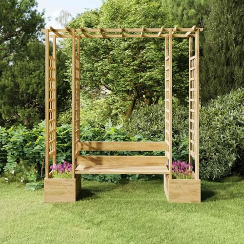 Garden Pergola Made of Solid Pine Wood Green Impregnated with Bench and Two Planters 230 x 60 x 198 cm for Roses, Climbing Plants, Clematis, Ivy