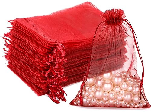 G2PLUS 100 Stück Rot Organzasäckchen, 13x18 CM Groß Geschenk Organzabeutel, Hochzeit Organza-Beutelchen mit Kordelzug Sie als Hochzeit Bonbonsbeutel, Schmuckbeutel, Geschenkbeutel