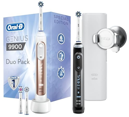 Oral-B Genius 2x Electric Toothbrushes with Pressure Sensor, Gifts For Women / Men, App Connected Handles, 4 Toothbrush Heads & Travel Case, 6 Modes, Teeth Whitening, 2 Pin UK Plug, Rose Gold & Black
