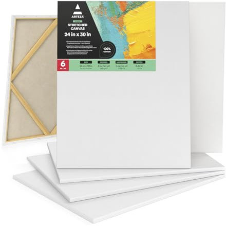 Arteza Tela Bianca Per Pittura 61x76,2cm, Set da 6, Cotone 100% Imprimitura a Gesso Acrilico Bianco, Sia da Artisti Professionisti che Appassionati, per Dipingere, Colata Acrilica, Olio, Acquerello